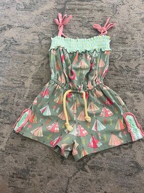 Matilda Jane Green Tent-Print Romper with Pink Ties